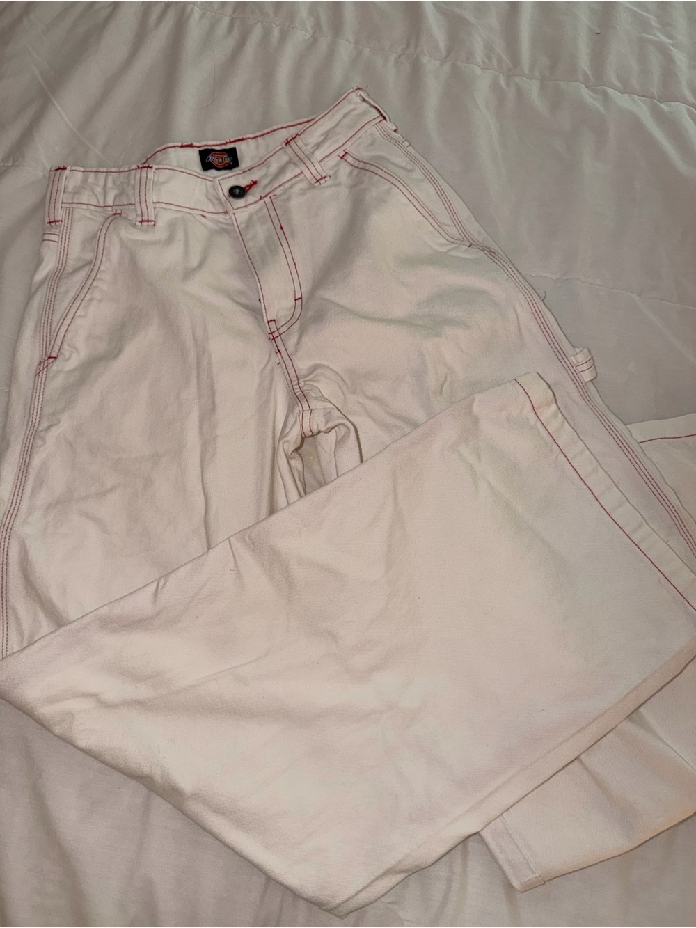 Dickies White Carpenter Pants with Red Topstitching